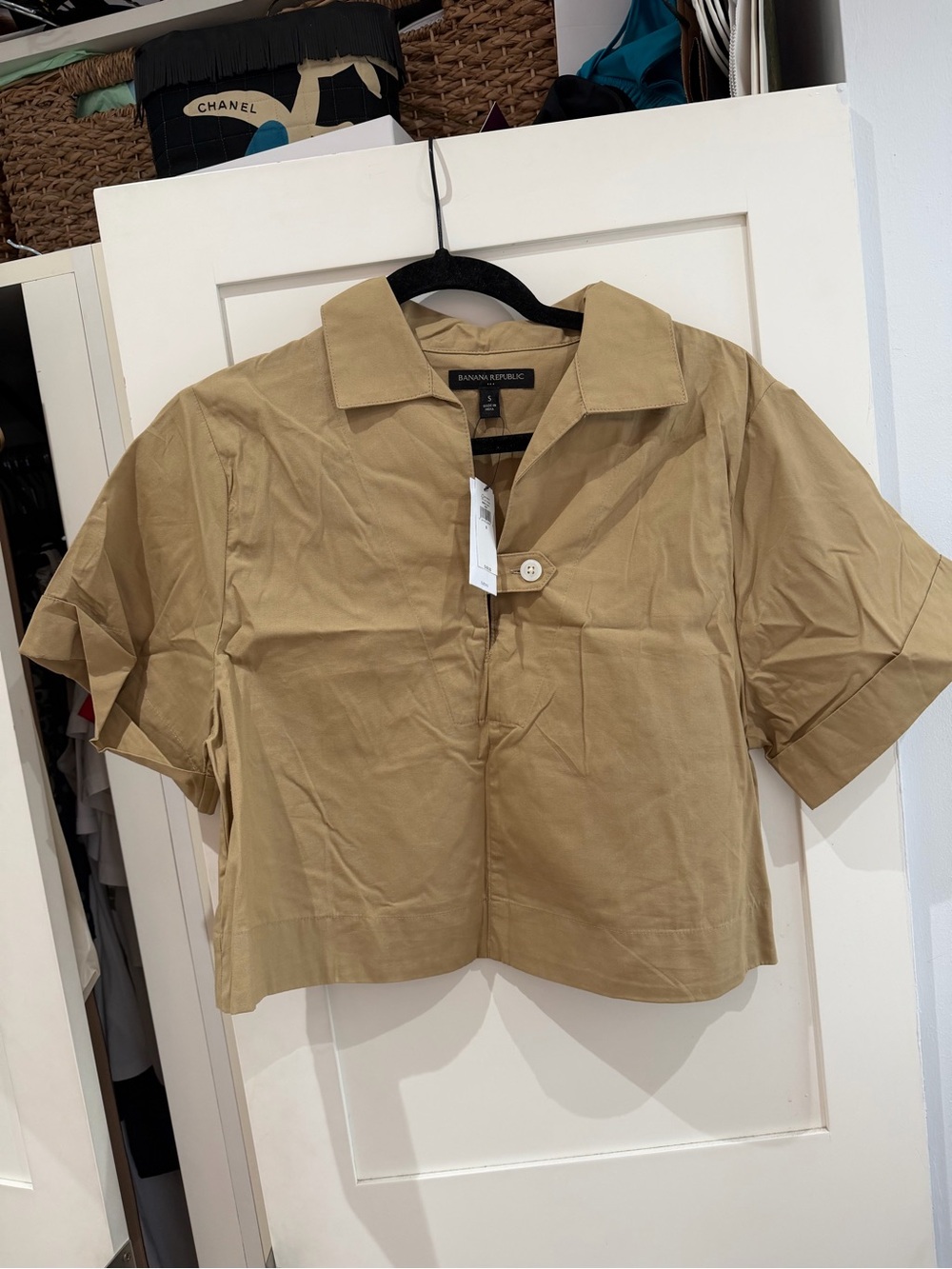 Banana Republic Cropped Short-Sleeve Button Front Top — Khaki